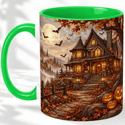 #pl[11oz|Green] Halloween Cottage Ceramic Mug, Full Moon Autumn Night Artwork