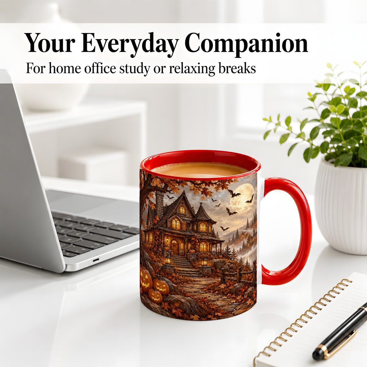 #pl[11oz|Red] Halloween Cottage Ceramic Mug, Full Moon Autumn Night Artwork