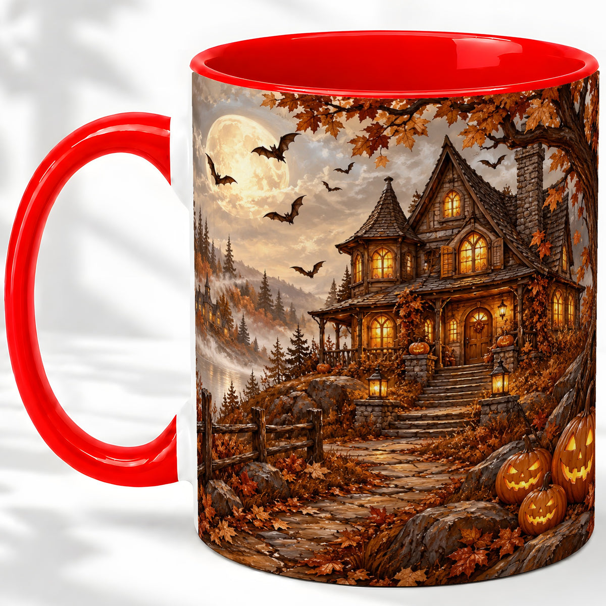 Halloween Cottage Ceramic Mug, Full Moon Autumn Night Artwork