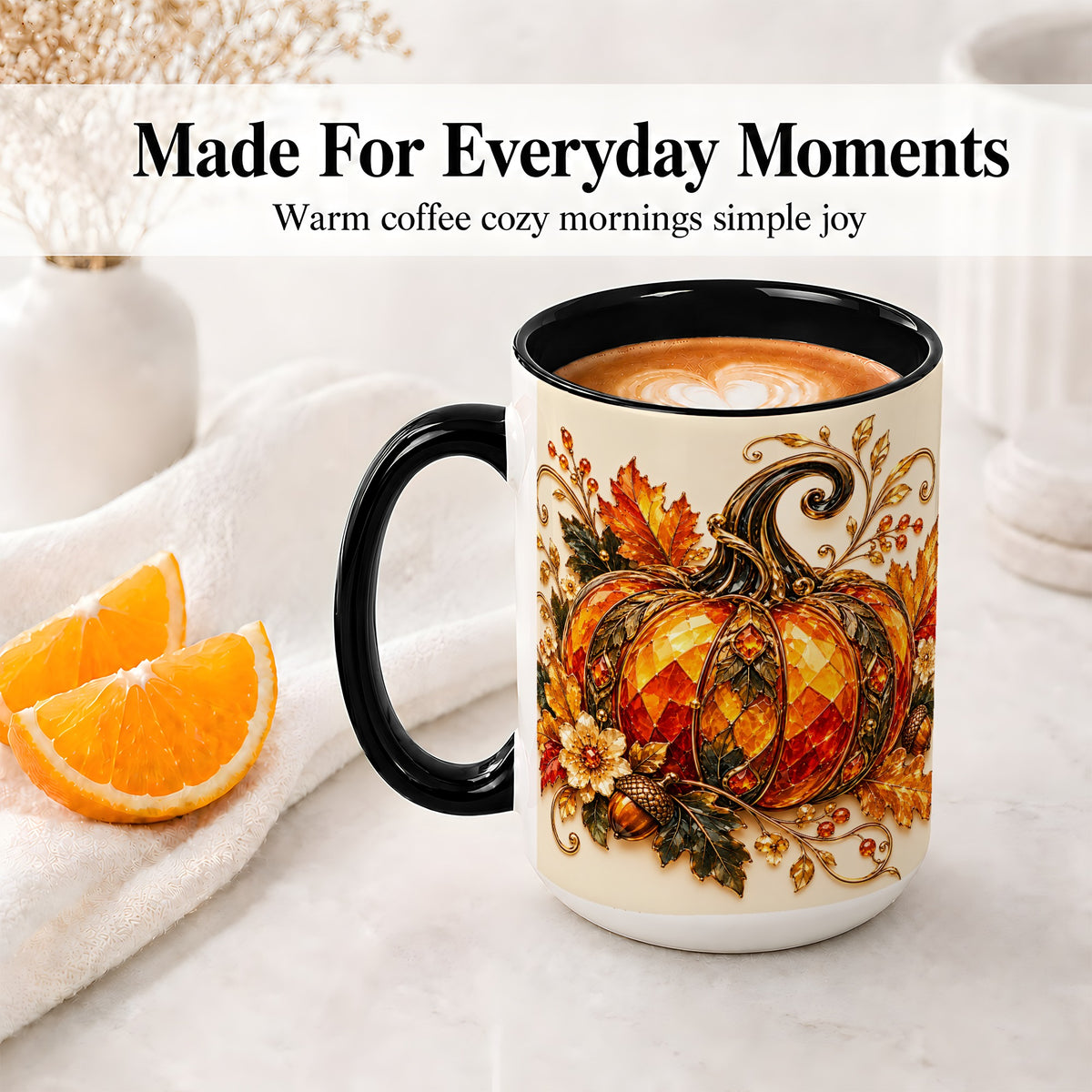 #pl[15oz|Black] Ornate Autumn Pumpkin Ceramic Mug, Jeweled Fall Botanical Art