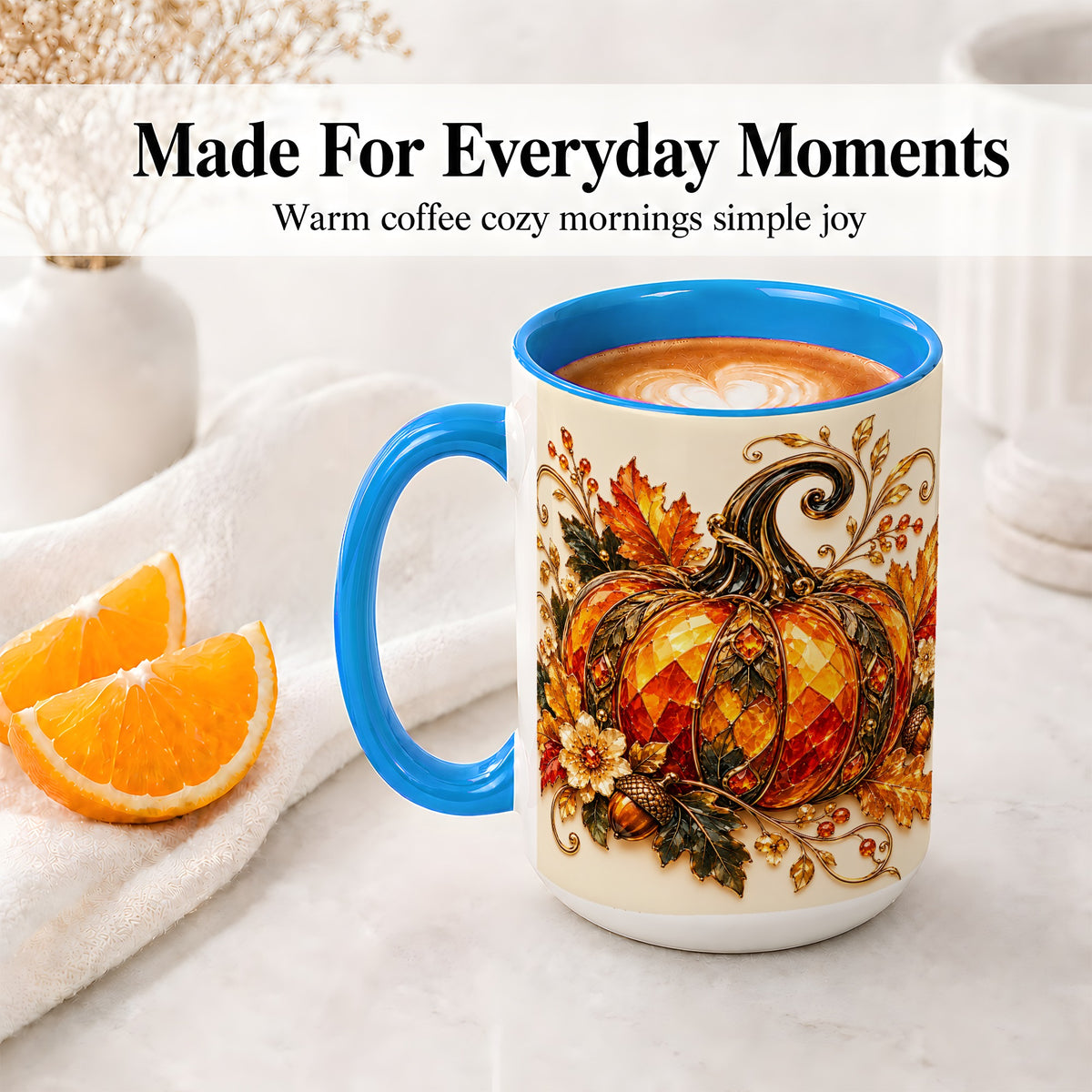 #pl[15oz|Blue] Ornate Autumn Pumpkin Ceramic Mug, Jeweled Fall Botanical Art
