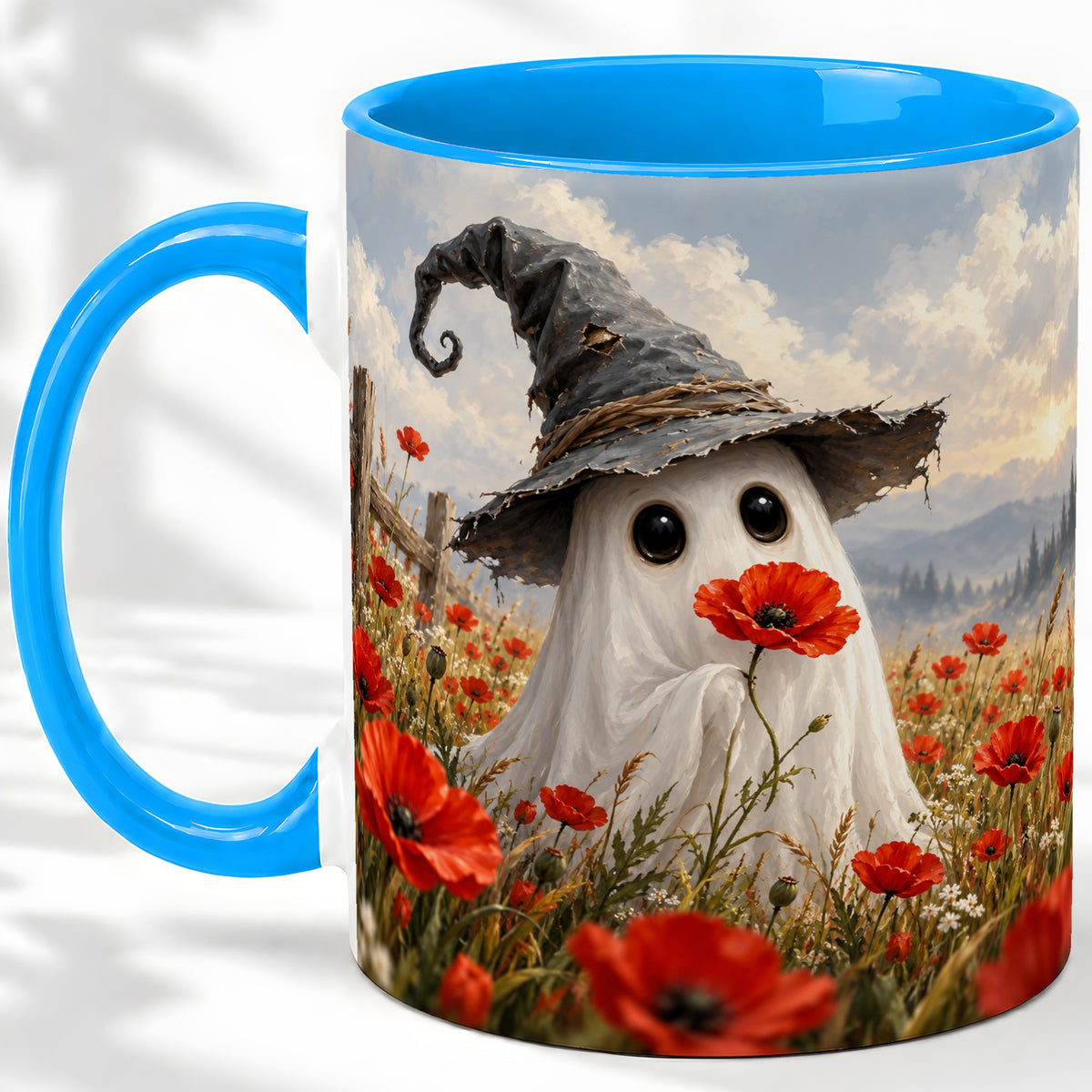 #pl[11oz|Blue] Witch Hat Ghost Ceramic Mug, Poppy Meadow Halloween Artwork
