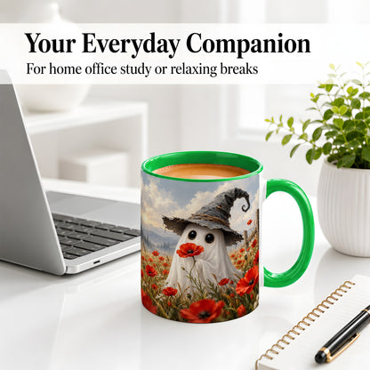 #pl[11oz|Green] Witch Hat Ghost Ceramic Mug, Poppy Meadow Halloween Artwork