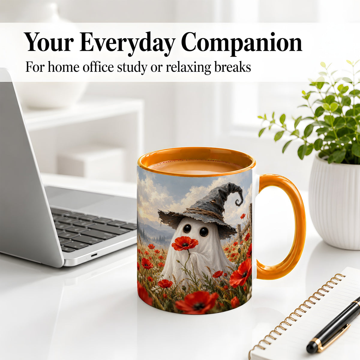 #pl[11oz|Orange] Witch Hat Ghost Ceramic Mug, Poppy Meadow Halloween Artwork