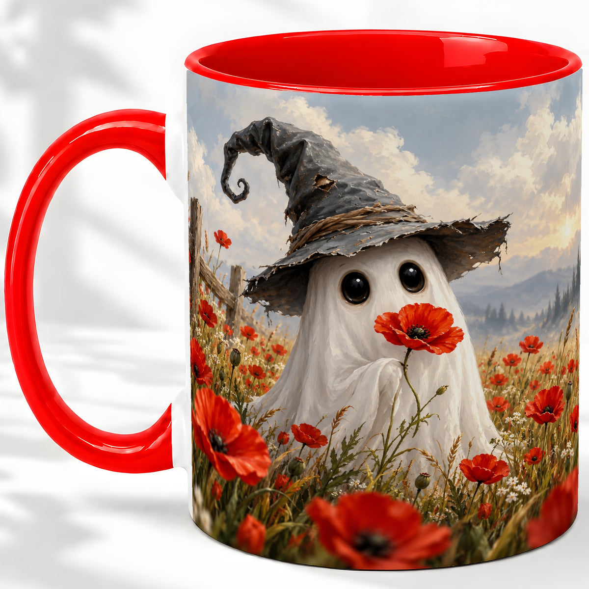 Witch Hat Ghost Ceramic Mug, Poppy Meadow Halloween Artwork