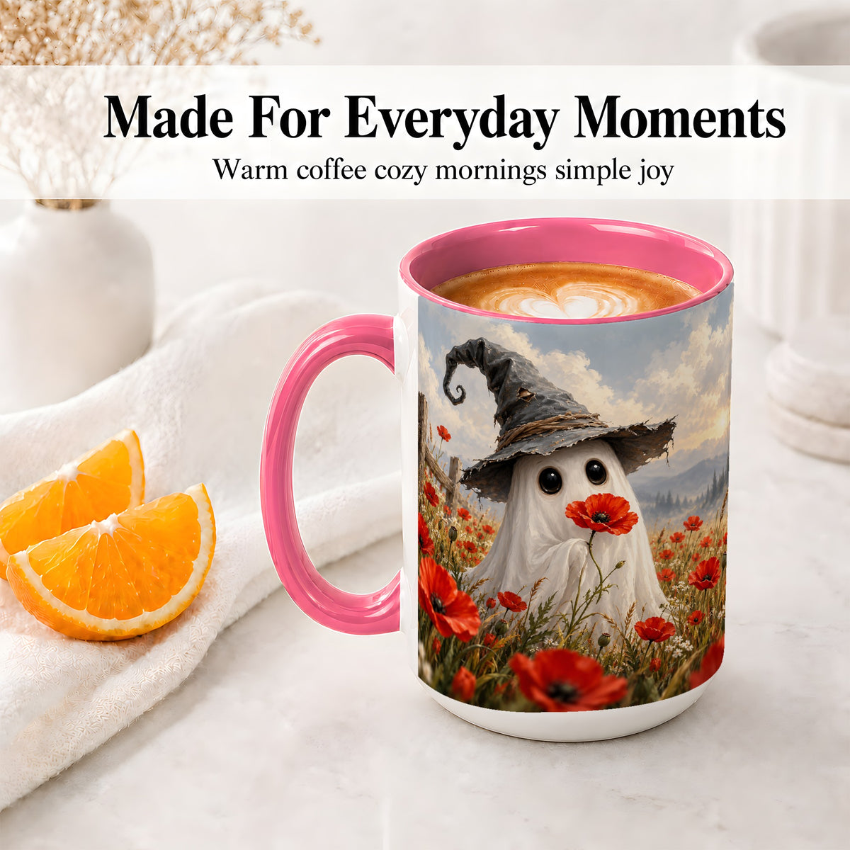 #pl[15oz|Pink] Witch Hat Ghost Ceramic Mug, Poppy Meadow Halloween Artwork
