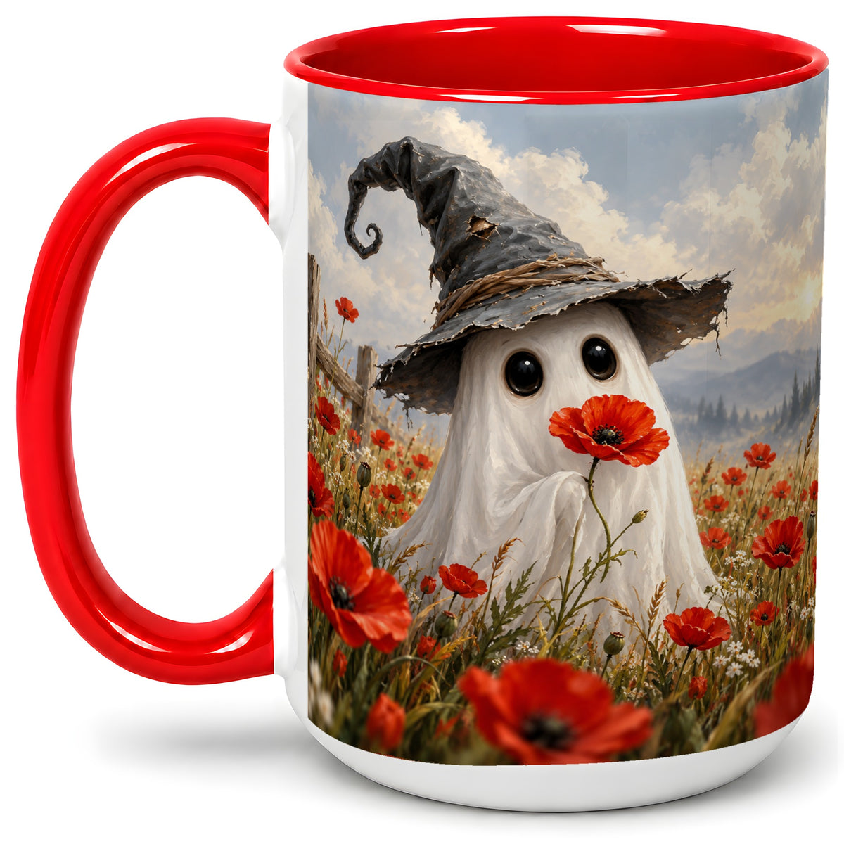 #pl[15oz|Red] Witch Hat Ghost Ceramic Mug, Poppy Meadow Halloween Artwork