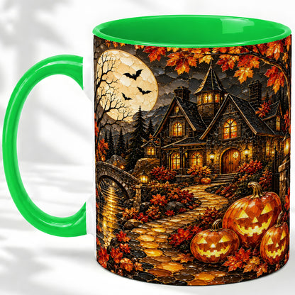 #pl[11oz|Green] Moonlit Gothic House Ceramic Mug, Halloween Autumn Artwork