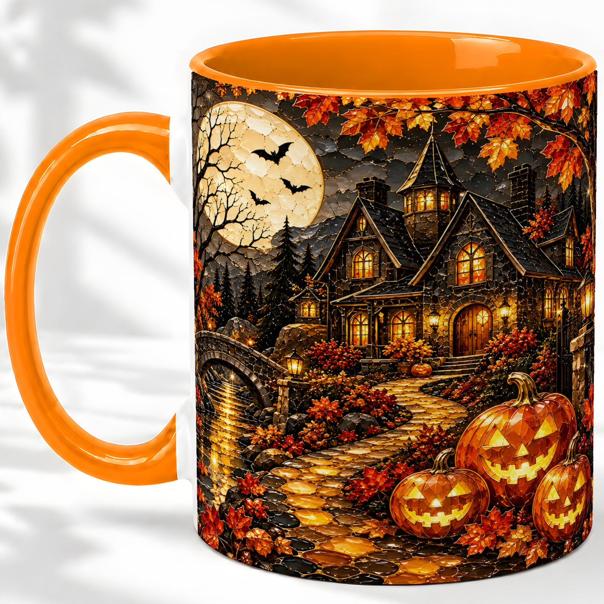 #pl[11oz|Orange] Moonlit Gothic House Ceramic Mug, Halloween Autumn Artwork