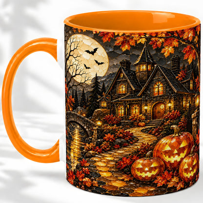 #pl[11oz|Orange] Moonlit Gothic House Ceramic Mug, Halloween Autumn Artwork
