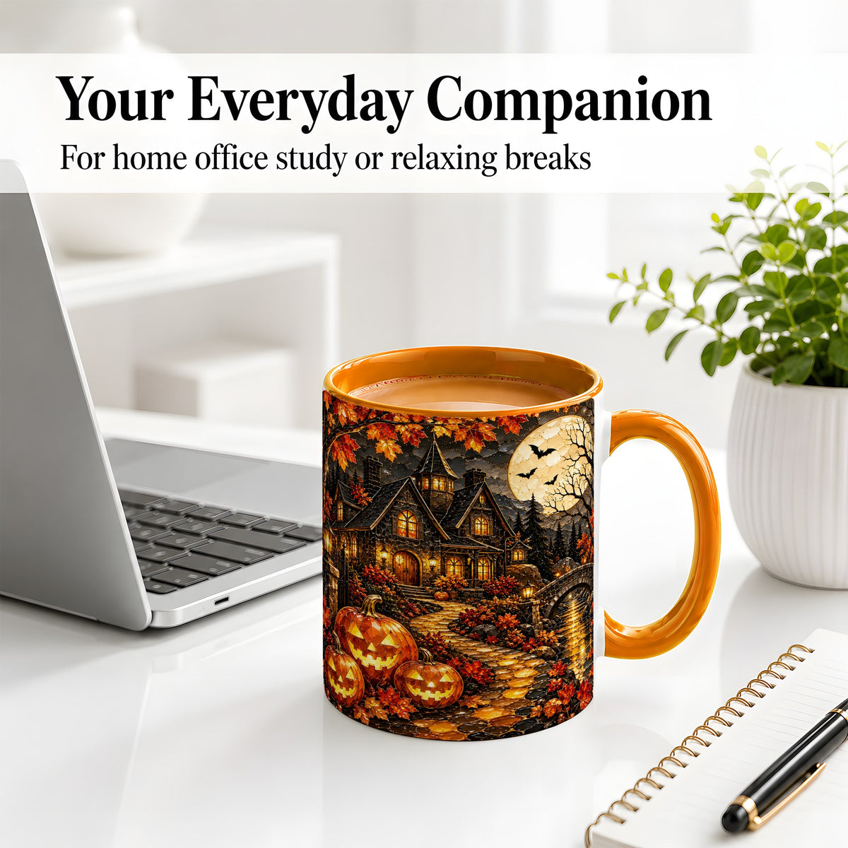 #pl[11oz|Orange] Moonlit Gothic House Ceramic Mug, Halloween Autumn Artwork