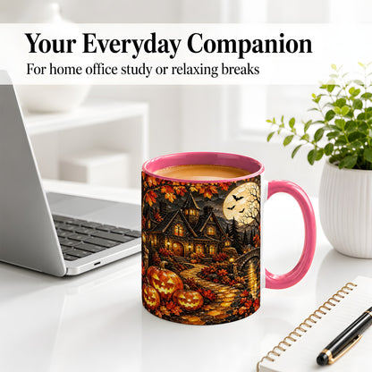 #pl[11oz|Pink] Moonlit Gothic House Ceramic Mug, Halloween Autumn Artwork