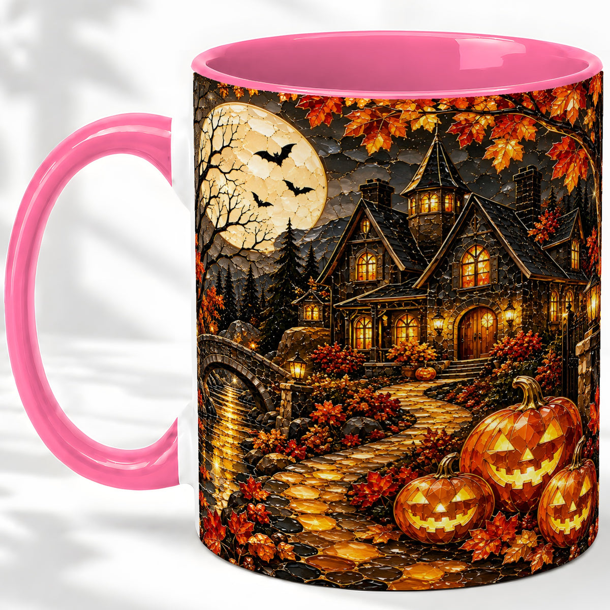 #pl[11oz|Pink] Moonlit Gothic House Ceramic Mug, Halloween Autumn Artwork