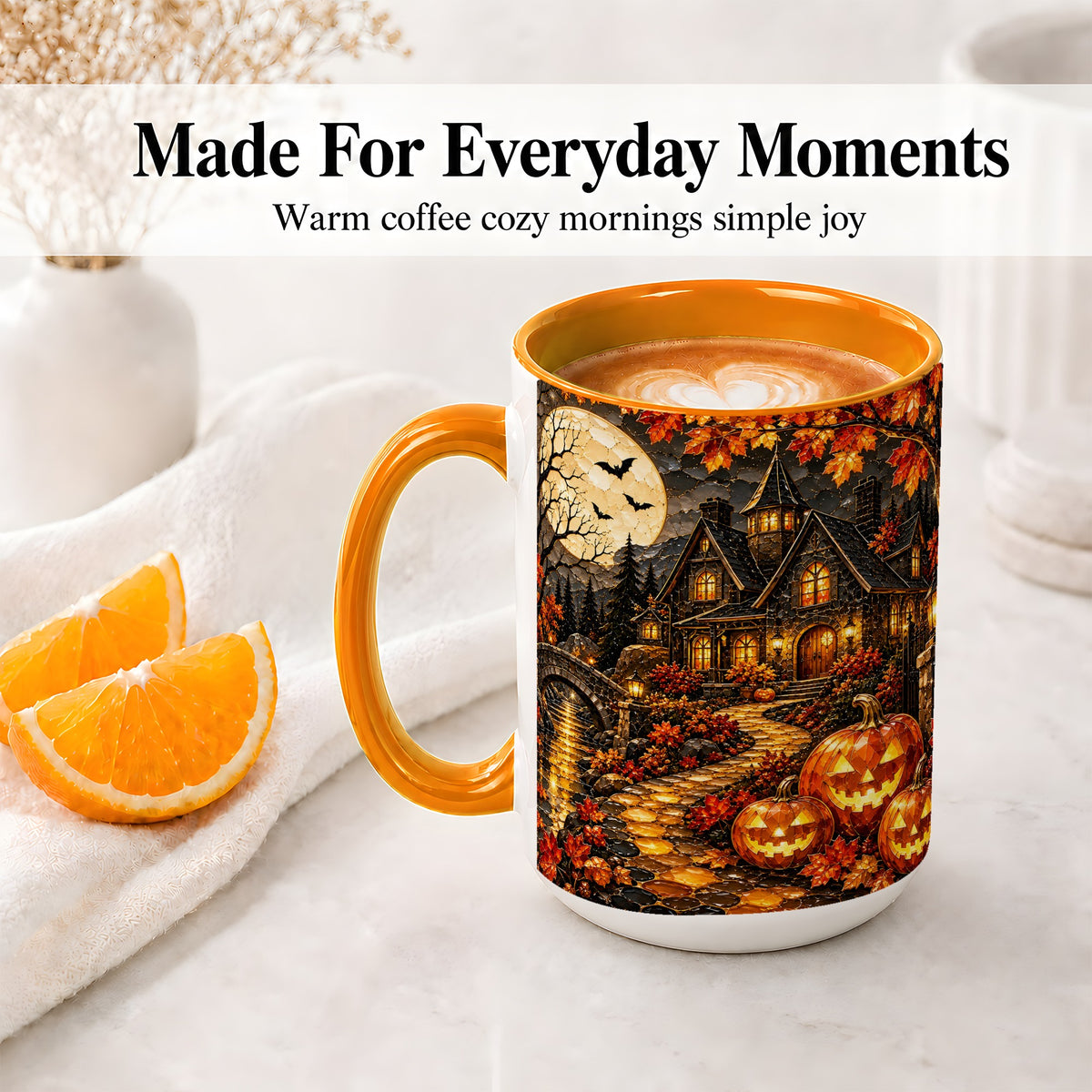 #pl[15oz|Orange] Moonlit Gothic House Ceramic Mug, Halloween Autumn Artwork