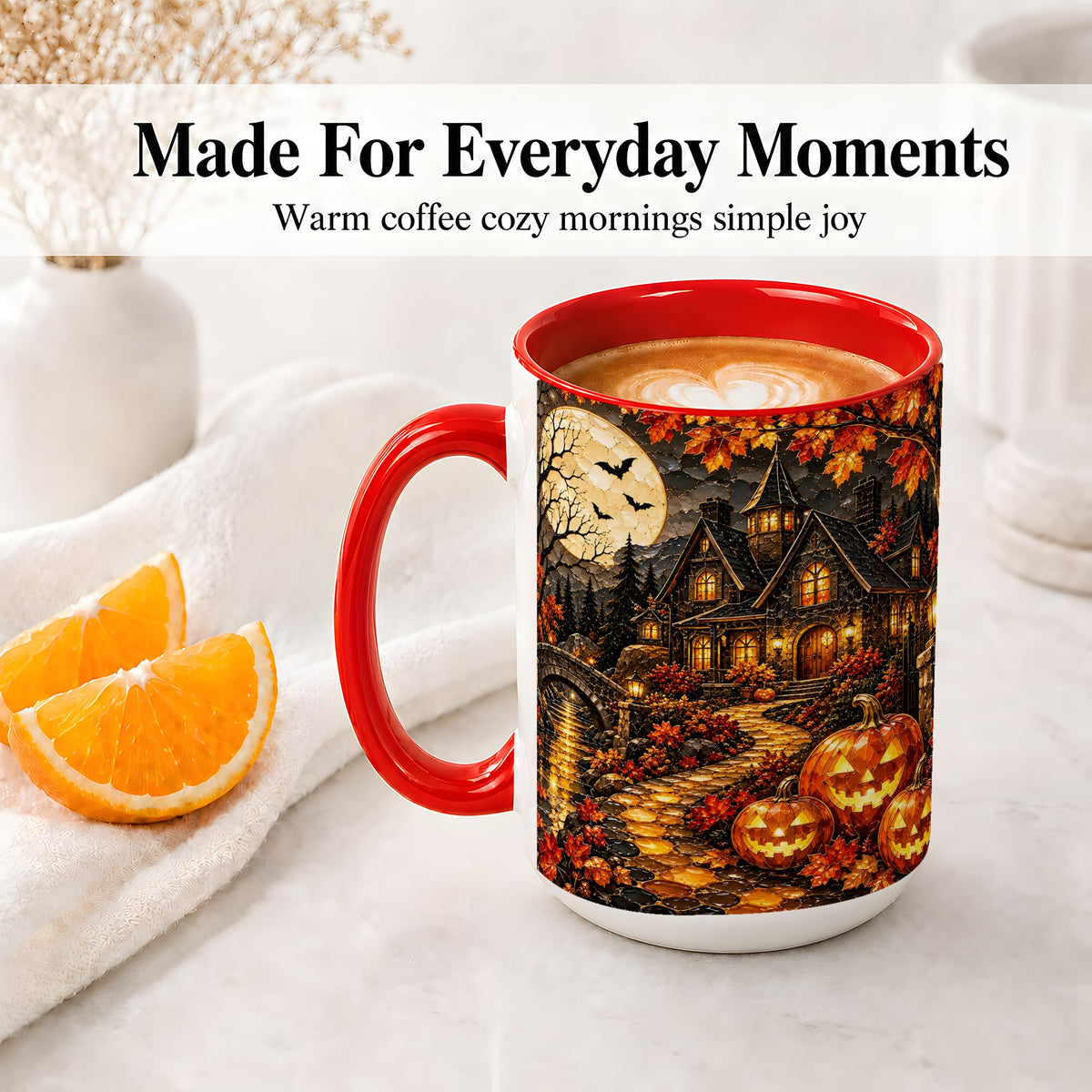 #pl[15oz|Red] Moonlit Gothic House Ceramic Mug, Halloween Autumn Artwork
