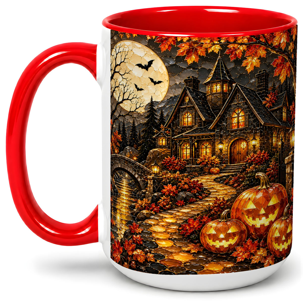 #pl[15oz|Red] Moonlit Gothic House Ceramic Mug, Halloween Autumn Artwork