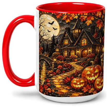 #pl[15oz|Red] Moonlit Gothic House Ceramic Mug, Halloween Autumn Artwork