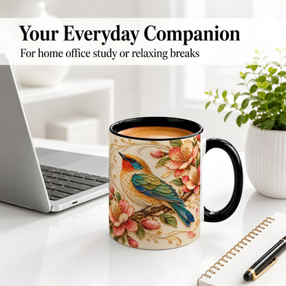 #pl[11oz|Black] Floral Bird Ceramic Mug, Colorful Nature Artwork for Bird Lovers