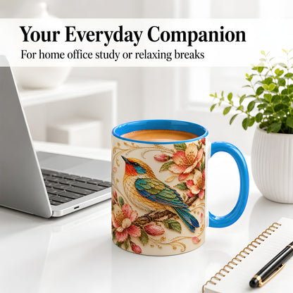 #pl[11oz|Blue] Floral Bird Ceramic Mug, Colorful Nature Artwork for Bird Lovers