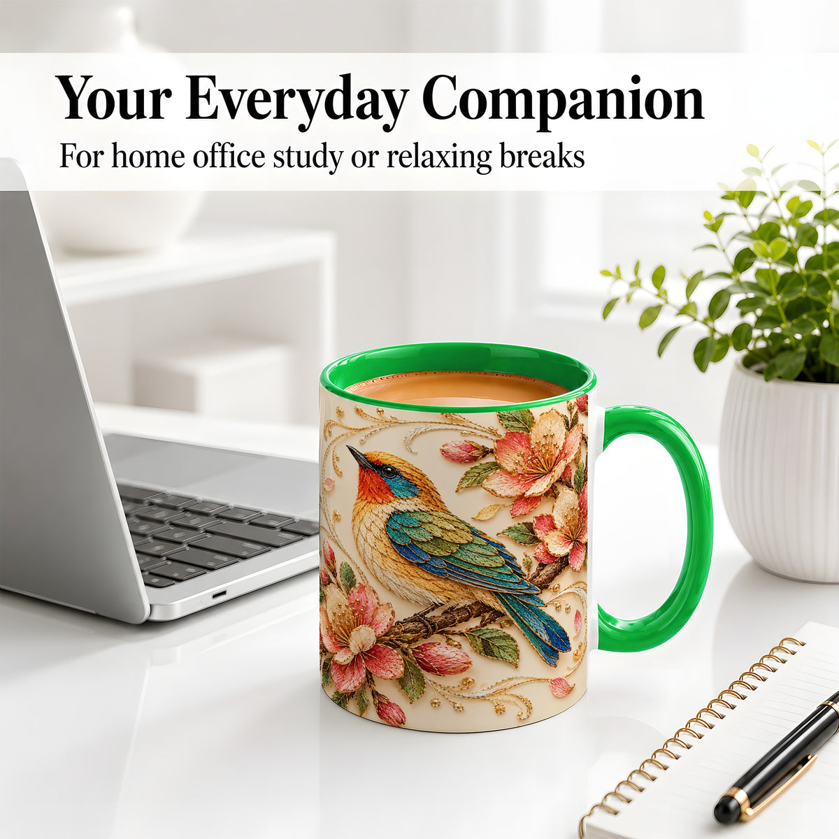 #pl[11oz|Green] Floral Bird Ceramic Mug, Colorful Nature Artwork for Bird Lovers