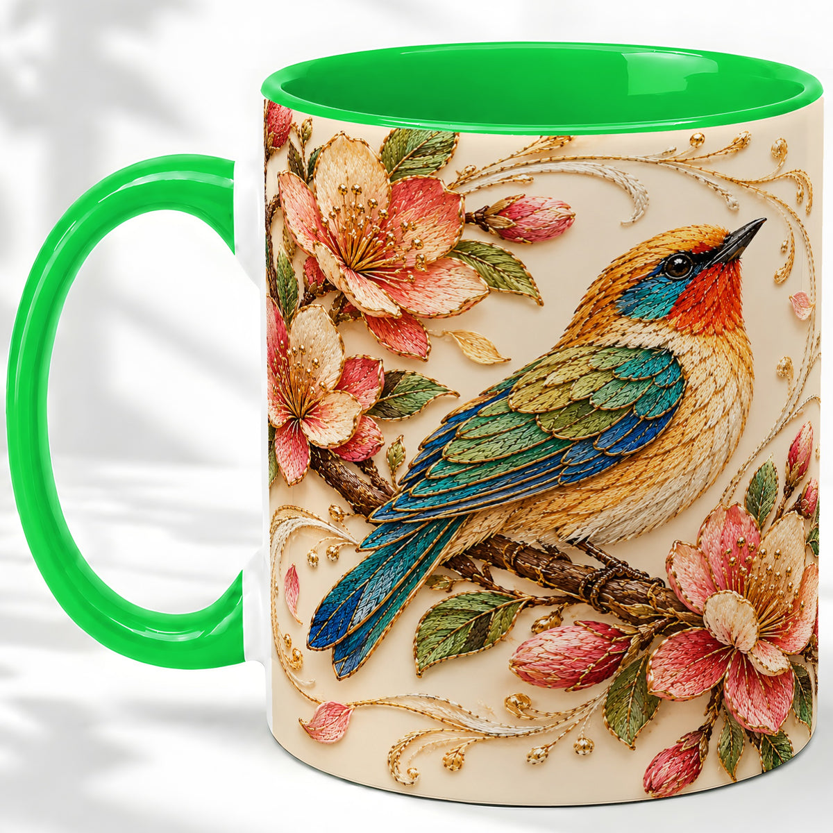 #pl[11oz|Green] Floral Bird Ceramic Mug, Colorful Nature Artwork for Bird Lovers