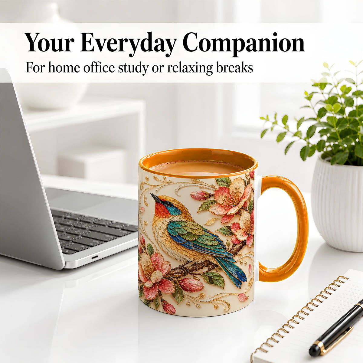 #pl[11oz|Orange] Floral Bird Ceramic Mug, Colorful Nature Artwork for Bird Lovers