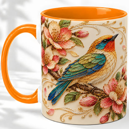 #pl[11oz|Orange] Floral Bird Ceramic Mug, Colorful Nature Artwork for Bird Lovers