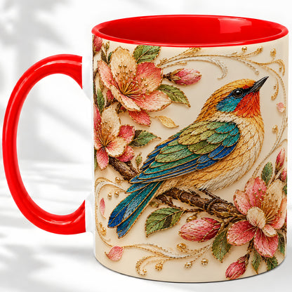 Floral Bird Ceramic Mug, Colorful Nature Artwork for Bird Lovers