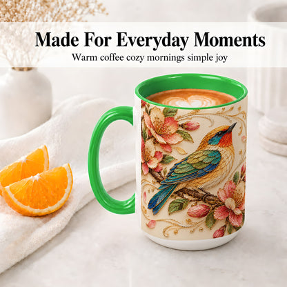 #pl[15oz|Green] Floral Bird Ceramic Mug, Colorful Nature Artwork for Bird Lovers