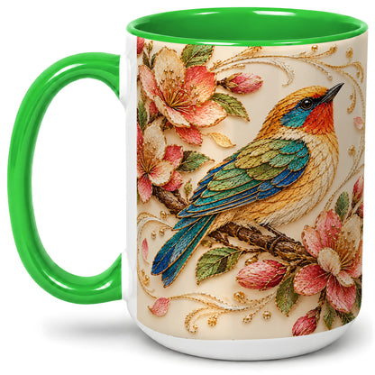 #pl[15oz|Green] Floral Bird Ceramic Mug, Colorful Nature Artwork for Bird Lovers