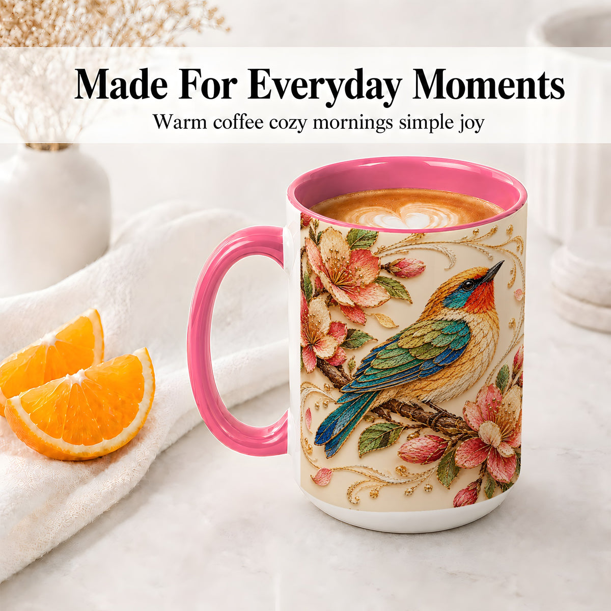 #pl[15oz|Pink] Floral Bird Ceramic Mug, Colorful Nature Artwork for Bird Lovers