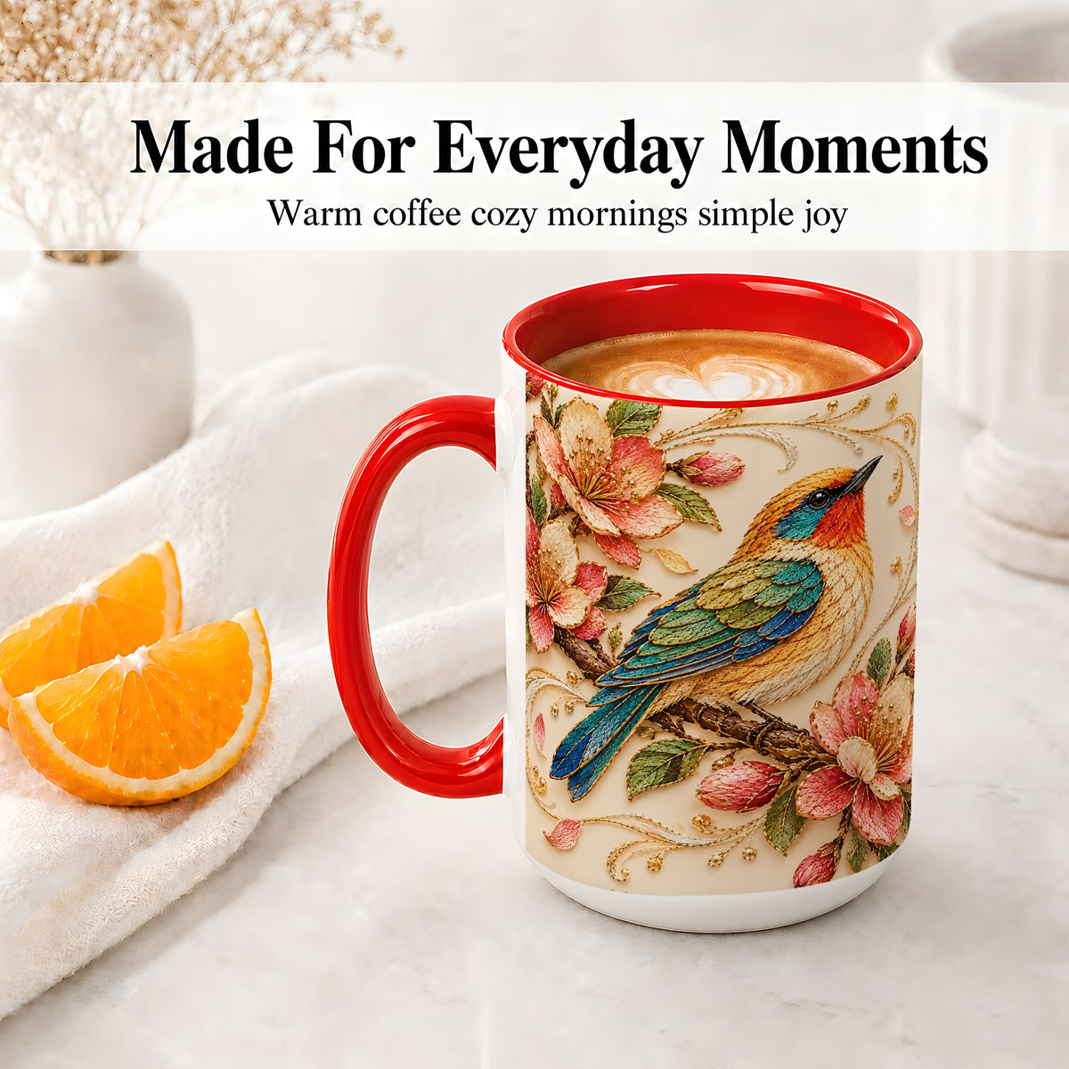 #pl[15oz|Red] Floral Bird Ceramic Mug, Colorful Nature Artwork for Bird Lovers