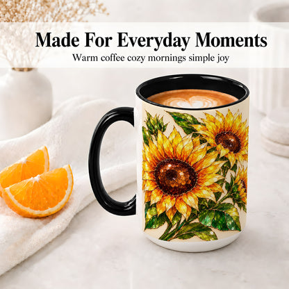 #pl[15oz|Black] Sunflower Ceramic Mug, Golden Floral Artwork for Flower Lovers