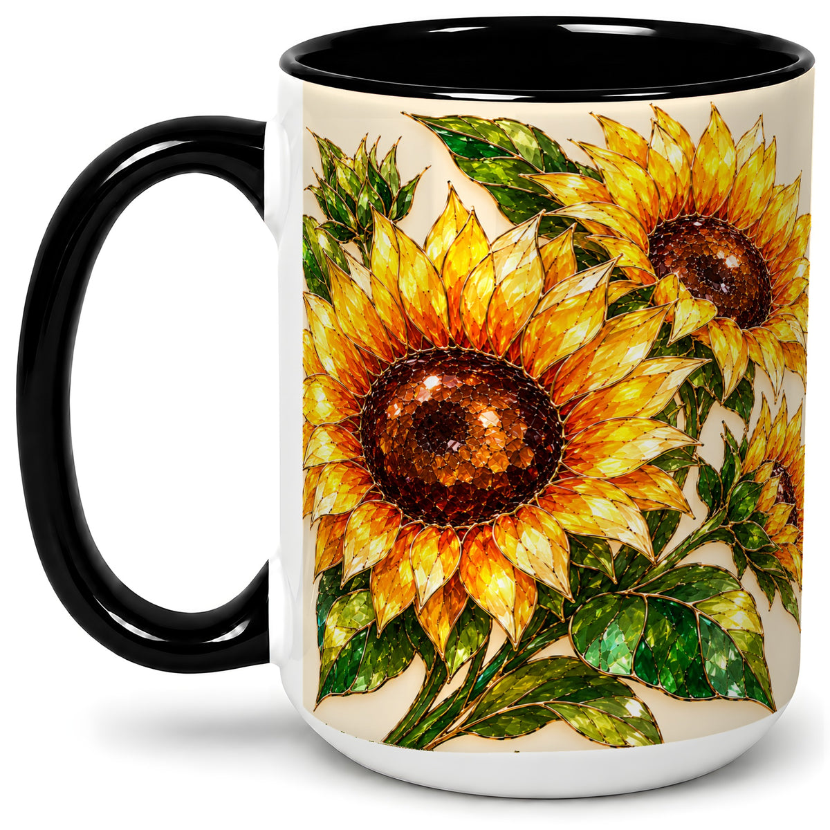 #pl[15oz|Black] Sunflower Ceramic Mug, Golden Floral Artwork for Flower Lovers