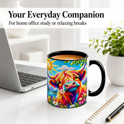 #pl[11oz|Black] Colorful Highland Cow Ceramic Mug, Geometric Farm Animal Art