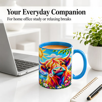 #pl[11oz|Blue] Colorful Highland Cow Ceramic Mug, Geometric Farm Animal Art