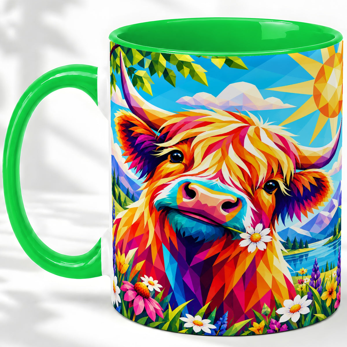 #pl[11oz|Green] Colorful Highland Cow Ceramic Mug, Geometric Farm Animal Art