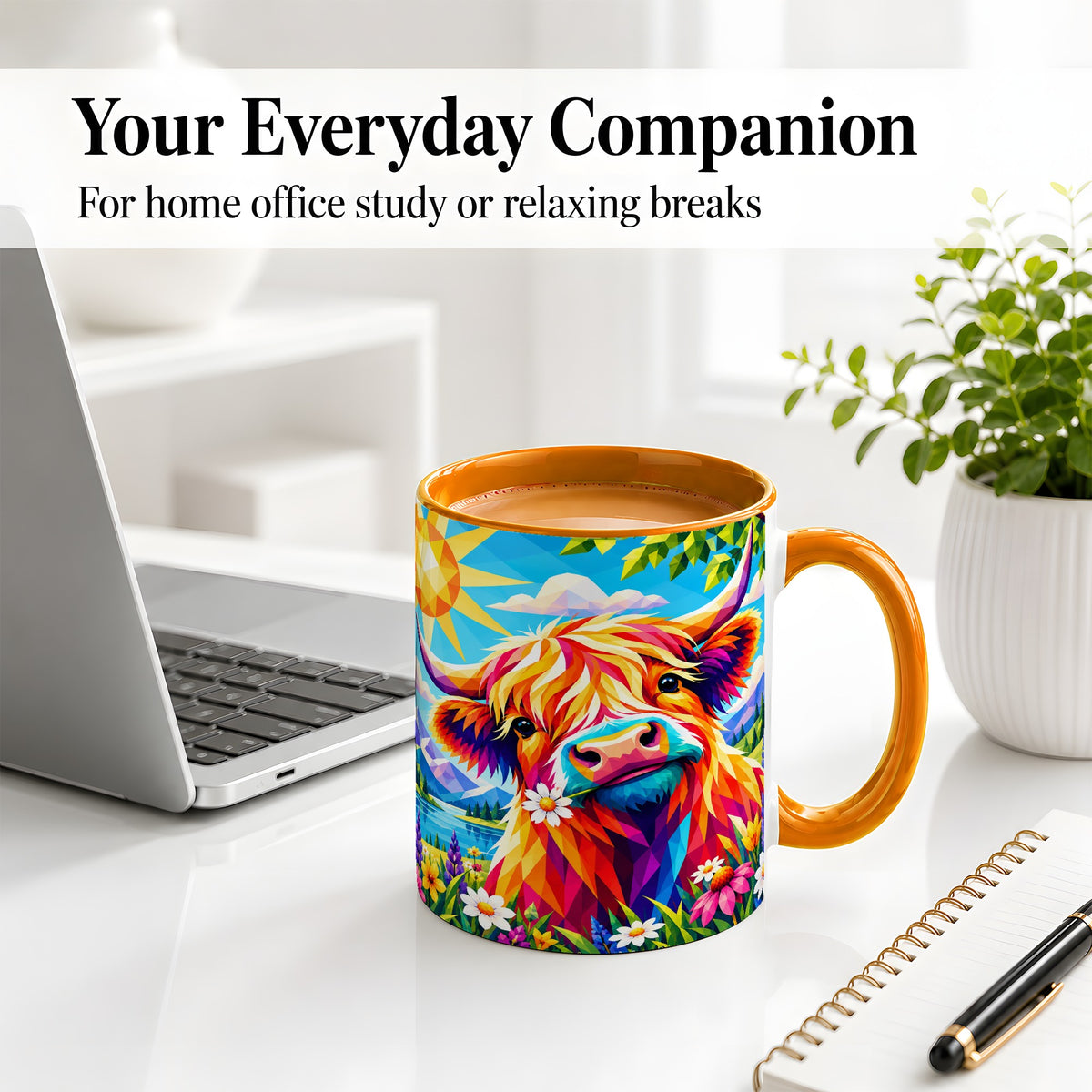 #pl[11oz|Orange] Colorful Highland Cow Ceramic Mug, Geometric Farm Animal Art