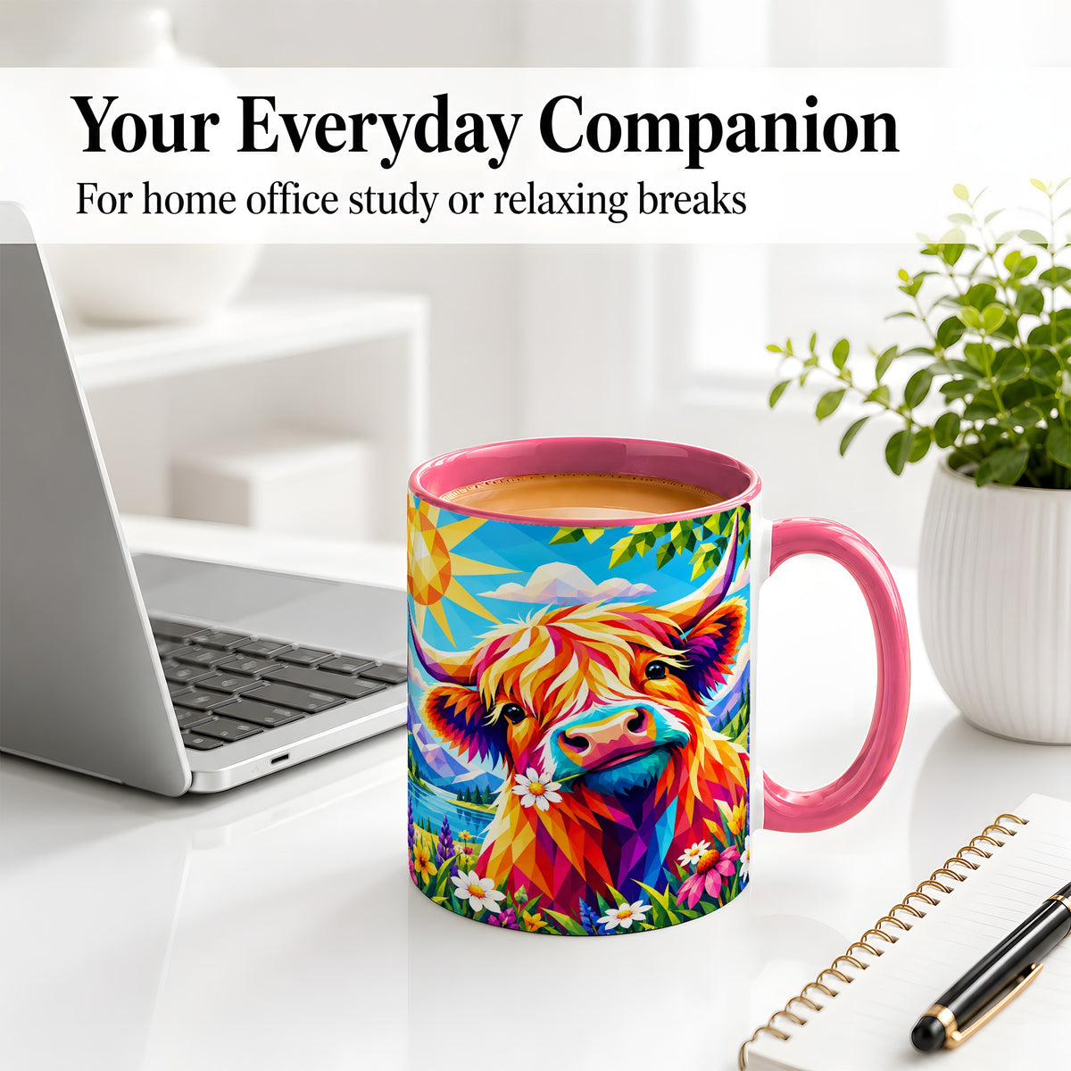 #pl[11oz|Pink] Colorful Highland Cow Ceramic Mug, Geometric Farm Animal Art