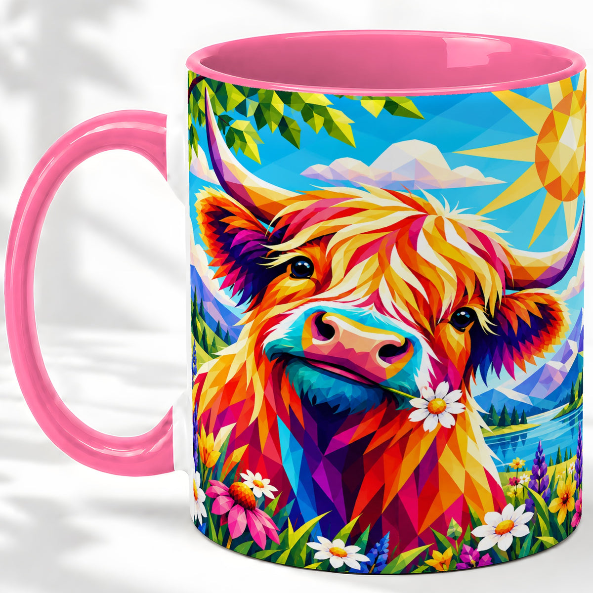 #pl[11oz|Pink] Colorful Highland Cow Ceramic Mug, Geometric Farm Animal Art