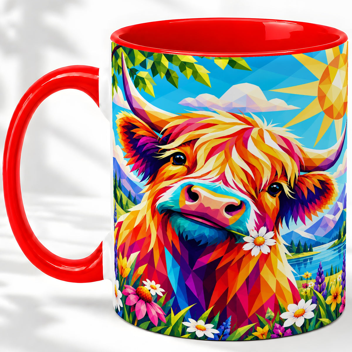 Colorful Highland Cow Ceramic Mug, Geometric Farm Animal Art
