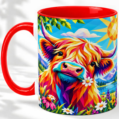 Colorful Highland Cow Ceramic Mug, Geometric Farm Animal Art