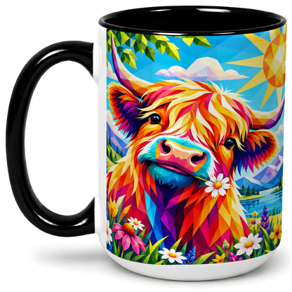#pl[15oz|Black] Colorful Highland Cow Ceramic Mug, Geometric Farm Animal Art