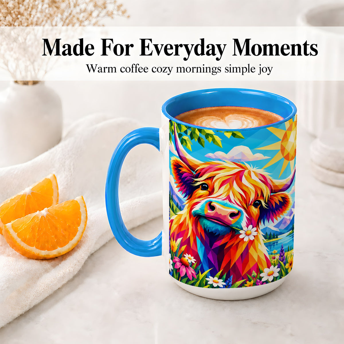 #pl[15oz|Blue] Colorful Highland Cow Ceramic Mug, Geometric Farm Animal Art