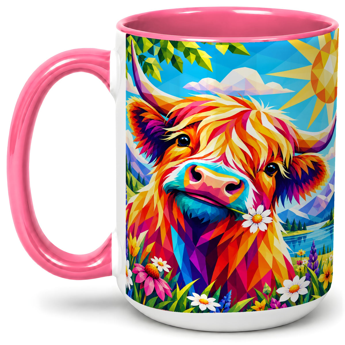 #pl[15oz|Pink] Colorful Highland Cow Ceramic Mug, Geometric Farm Animal Art