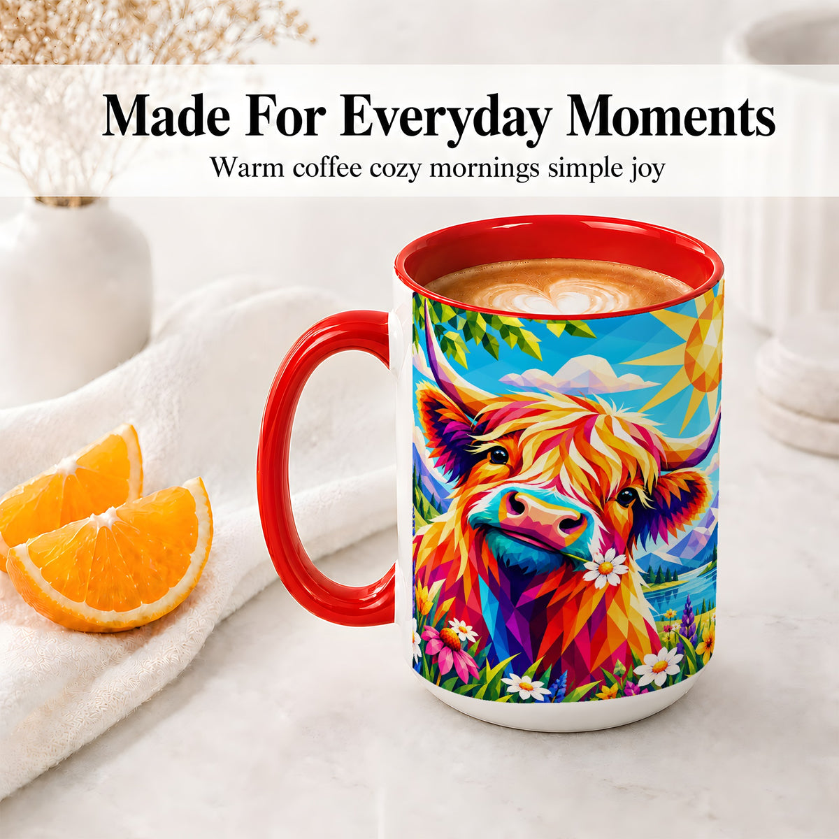 #pl[15oz|Red] Colorful Highland Cow Ceramic Mug, Geometric Farm Animal Art