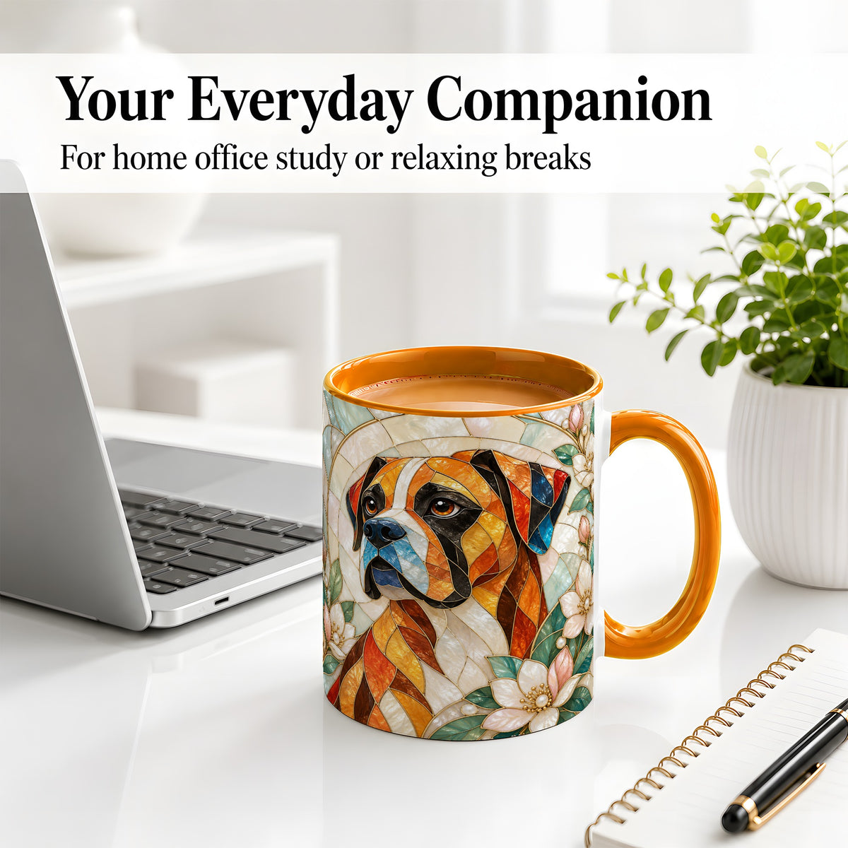 #pl[11oz|Orange] Boxer Dog Ceramic Mug, Stained Glass Style Floral Dog Artwork