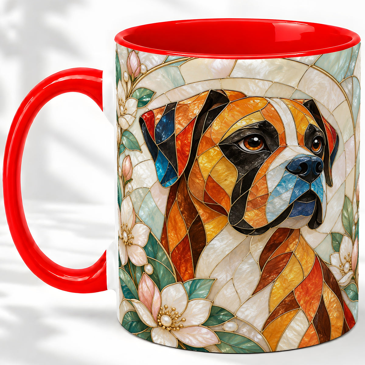 Boxer Dog Ceramic Mug, Stained Glass Style Floral Dog Artwork