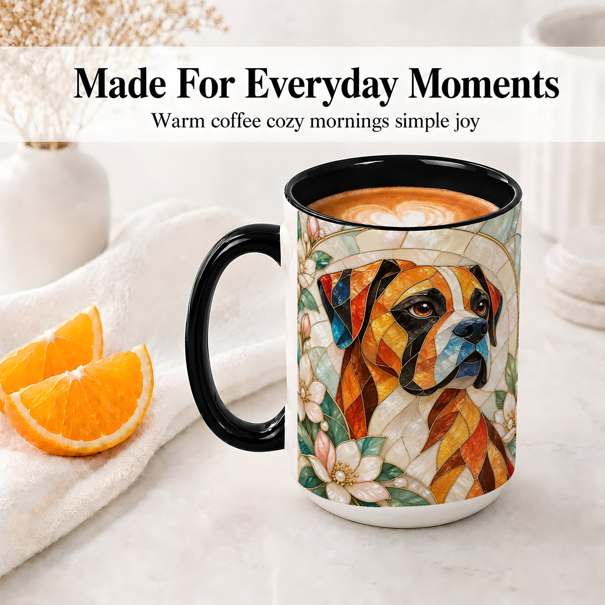 #pl[15oz|Black] Boxer Dog Ceramic Mug, Stained Glass Style Floral Dog Artwork