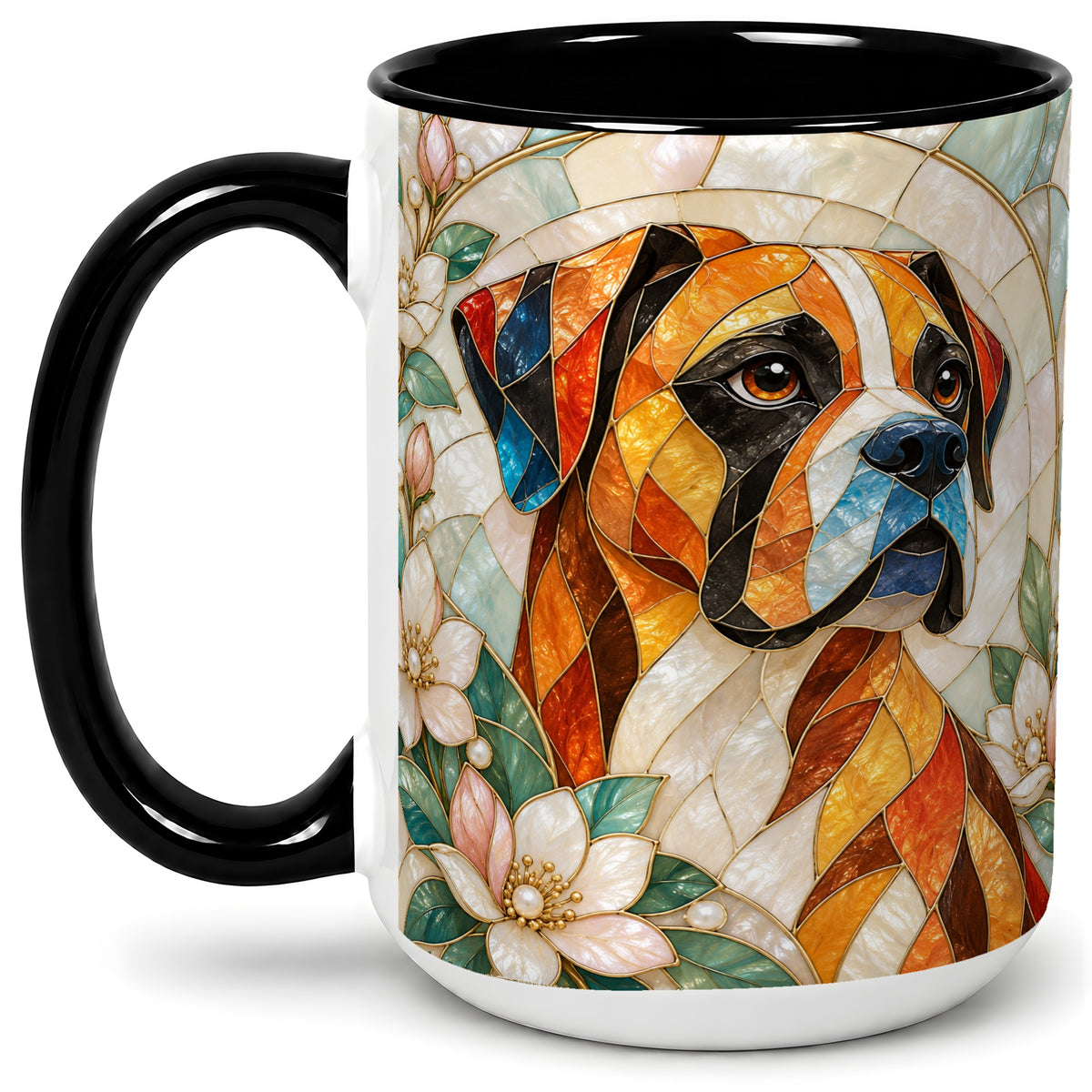 #pl[15oz|Black] Boxer Dog Ceramic Mug, Stained Glass Style Floral Dog Artwork